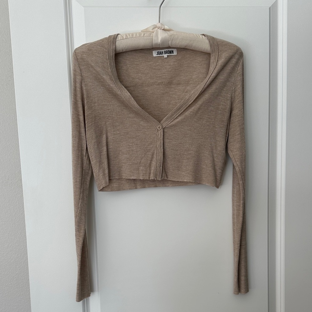 Joah Brown Beige Long Sleeve Ribbed Cropped Cardigan